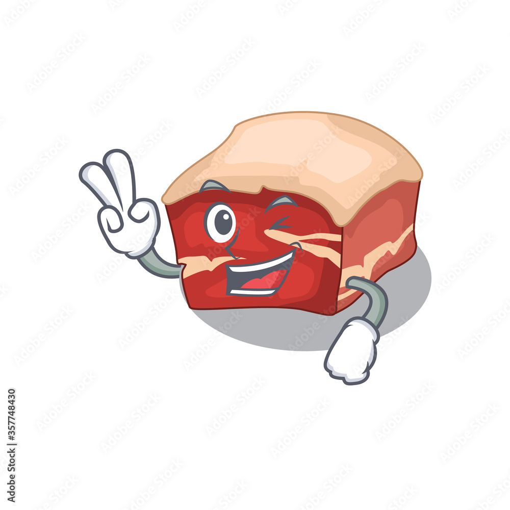 A joyful pork belly cartoon mascot style show two fingers pose A joyful pork belly cartoon mascot style show two fingers pose
