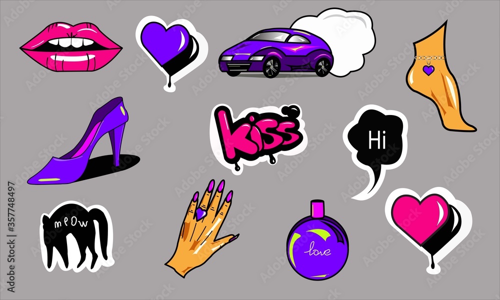 Set of vector drawings on a female theme - leg, hand, car, high heel shoes, perfume, lips, heart, kiss, message. Lilac with pink color palette. Can be used as icons, stickers and pattern. Set of vector drawings on a female theme - leg, hand, car, high heel shoes, perfume, lips, heart, kiss, message. Lilac with pink color palette. Can be used as icons, stickers and pattern.
