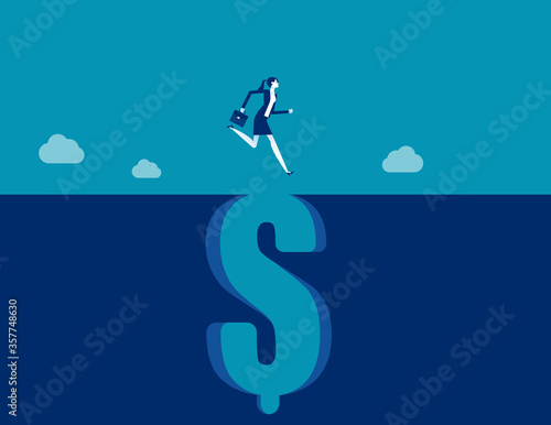 Jumping through falling dollar sign gap. Business financial concept