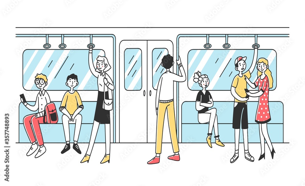 People using subway flat illustration. Men and women in public transport. City dwellers in metro, tube or underground train. Public transportation and rapid travelling concept.