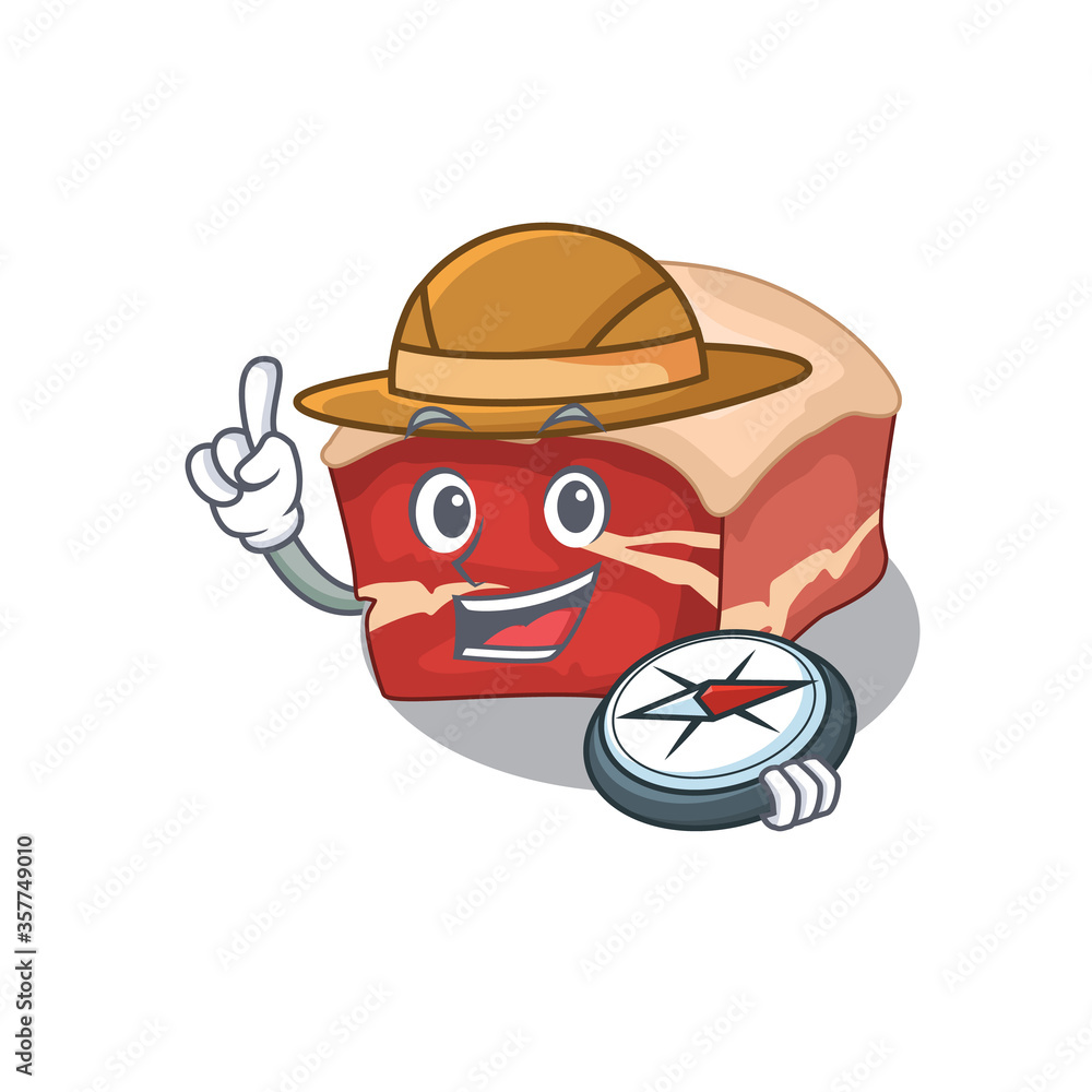 Pork belly mascot design style of explorer using a compass during the journey Pork belly mascot design style of explorer using a compass during the journey