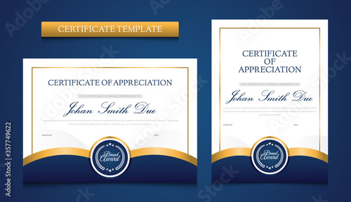 Blue and gold certificate with the badge and border a4 template Premium Vector 