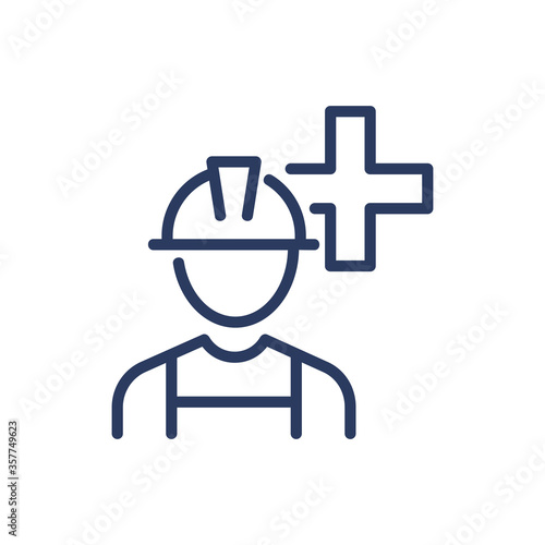 Employee Insurance thin line icon. Worker, job, plus isolated outline sign. Industry and protection concept. Vector illustration symbol element for web design and apps