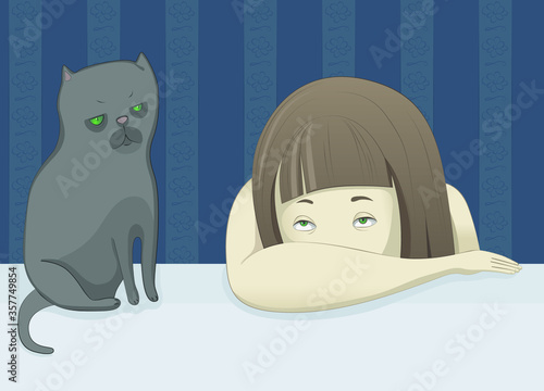 Sad girl and cat with disappointed look sitting in their apartment and looking outside. Frustration, sadness, loneliness. Cartoon style hand drawing.