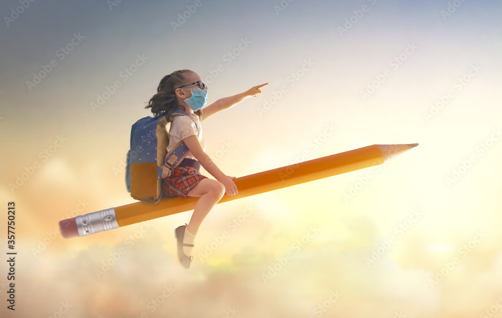child flying on a pencil - obrazy, fototapety, plakaty 