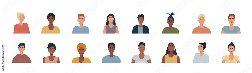 People portraits set - hand drawn flat style vector design concept illustration of young men and women, male and female faces and shoulders avatars. Flat style vector icons set. Ethnic minority, LGTB People portraits set - hand drawn flat style vector design concept illustration of young men and women, male and female faces and shoulders avatars. Flat style vector icons set. Ethnic minority, LGTB