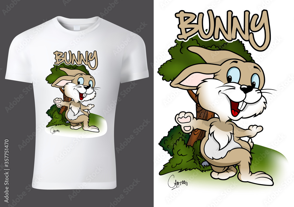White Child T-shirt Design with Cartoon Bunny Character - Cheerful Unisex Illustration, Vector White Child T-shirt Design with Cartoon Bunny Character - Cheerful Unisex Illustration, Vector