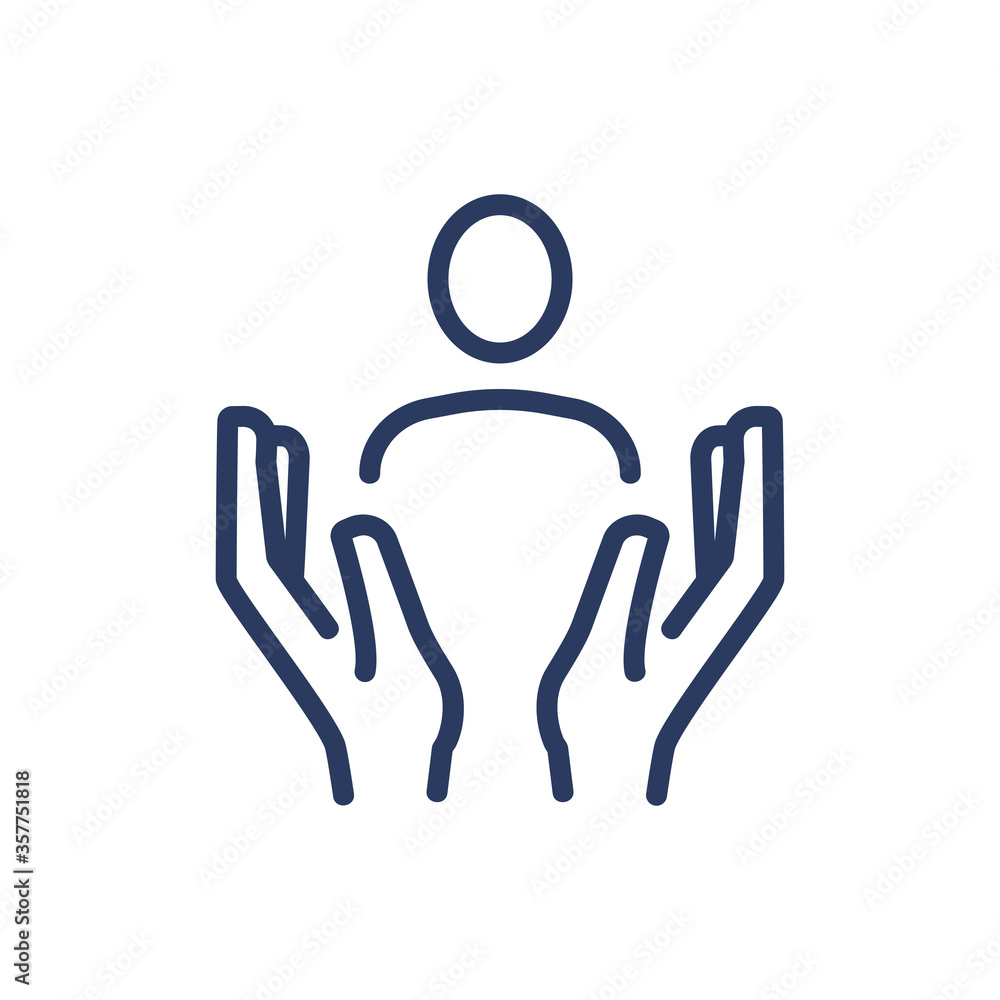 Hands protecting person thin line icon. Life, safety, care isolated outline sign. Insurance and protection concept. Vector illustration symbol element for web design and apps Hands protecting person thin line icon. Life, safety, care isolated outline sign. Insurance and protection concept. Vector illustration symbol element for web design and apps