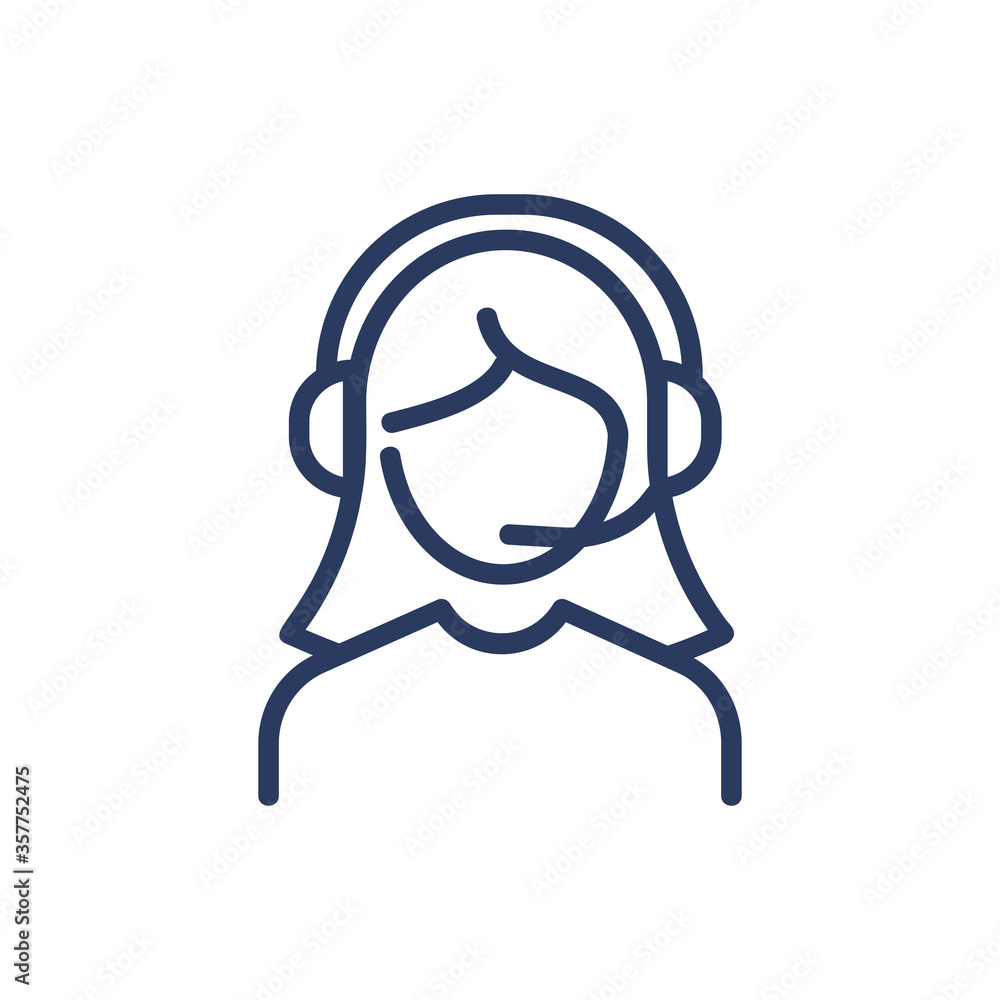 Female call center consultant thin line icon. Girl, headphone, operator isolated outline sign. Consultation and support service concept. Vector illustration symbol element for web design and apps Female call center consultant thin line icon. Girl, headphone, operator isolated outline sign. Consultation and support service concept. Vector illustration symbol element for web design and apps