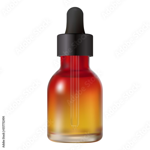 Brown glass eye dropper bottle. Medical container blank with black cap mockup. Transparent packaging with pipette for liquid pharmacy tincture. Collagen serum object design