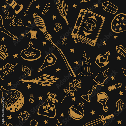 Witchcraft, magic background for witches and wizards. Vector seamless pattern in vintage style. Hand drawn magic tools, concept of witchcraft.