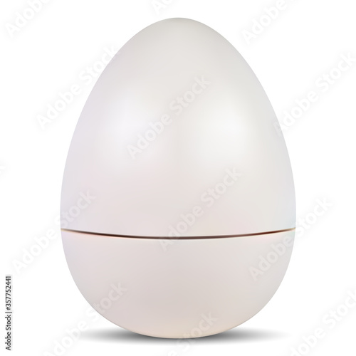 Egg surprise. Cosmetic balm round packaging mockup isolated on white background. Realistic solid 3d shell for easter toy. Lip pomade container promotional product blank. Food box template