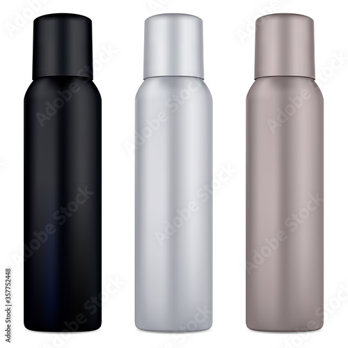 Air spray deodorant can. Cosmetic tin mockup blank. Aluminum metal container for hair aerosol with cap. Realistic 3d cylinder packaging for antiperspirant sprayer or toilet refresher. Odor template