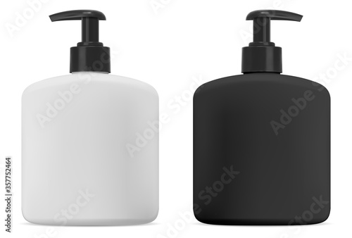 Black and white cosmetic bottle with pump for soap. Isolated liquid cream or gel packaging mockup for body wash. 3d illustration of shampoo package. Pet tube for antibacterial product ads design