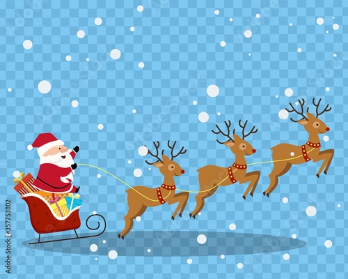 Christmas Santa Claus riding on sleigh with reindeers by snow. Vector illustration. Christmas background with Santa driving his sleigh isolated on a transparent background