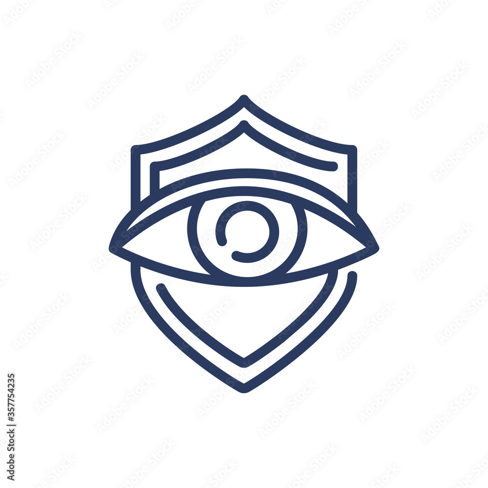 Eye in shield thin line icon. Vision, watching, observing isolated outline sign. Insurance and protection concept. Vector illustration symbol element for web design and apps Eye in shield thin line icon. Vision, watching, observing isolated outline sign. Insurance and protection concept. Vector illustration symbol element for web design and apps