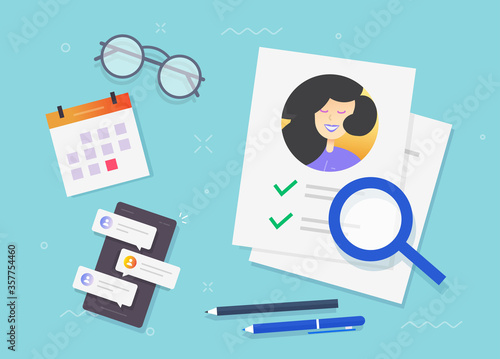 Recruitment test application with approval check list on workplace or personal interview data investigation document on work desk vector flat, human resources or resume research analysis concept image