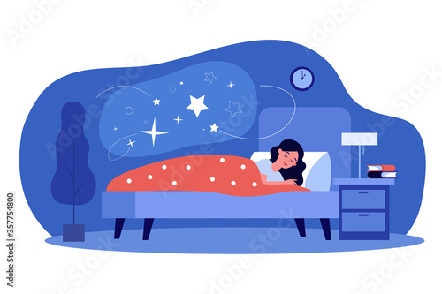Woman sleeping in her bedroom. Peaceful person resting in bed with stars in cloud bubble. Flat vector illustration for dream, comfort, night, nighttime topics
