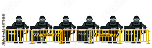 Riot police standing behind crowd control barrier isolated on white background 