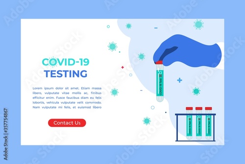 COVID-19 testing. Tubes with saliva sample. Coronavirus test. Lab research and diagnosis. Medicine Landing page website or banner template. Vector concept in flat style.