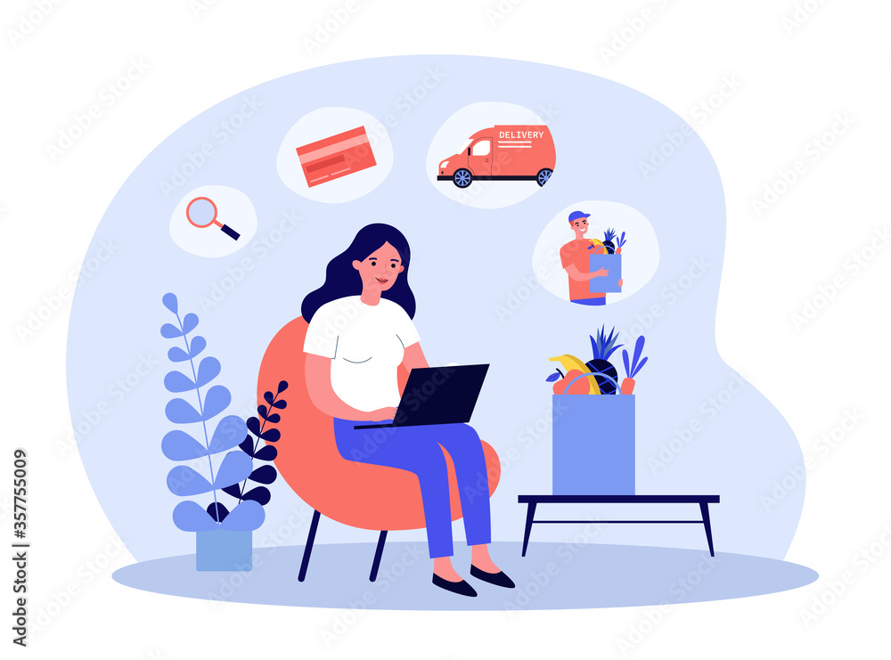 Woman using laptop for food delivery order. Flat vector illustration for online grocery store, ecommerce, shop application concept Woman using laptop for food delivery order. Flat vector illustration for online grocery store, ecommerce, shop application concept