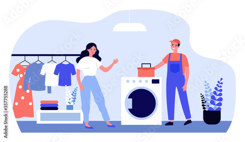 Technical service worker repairing washing machine. Home, overall, tool box flat vector illustration. Maintenance, engineer, customer help concept for banner, website design or landing web page
