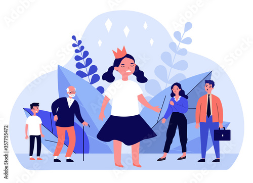 Annoyed angry girl wearing crown. Troubled child, upset parents, family flat vector illustration. Childhood, behavior problems concept for banner, website design or landing web page