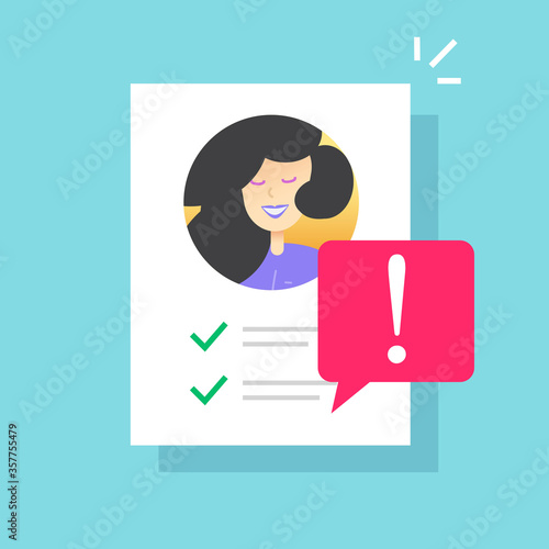 Profile warning caution notice on personal fake account or fraud user data risk alert notification check list vector flat cartoon icon, internet person id and safety danger message symbol isolated