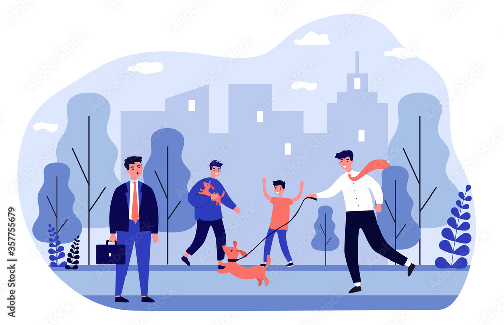 Positive people walking dogs in city park. Annoyed person, public place, leash flat vector illustration. Animal care, pets, outdoor activity concept for banner, website design or landing web page Positive people walking dogs in city park. Annoyed person, public place, leash flat vector illustration. Animal care, pets, outdoor activity concept for banner, website design or landing web page