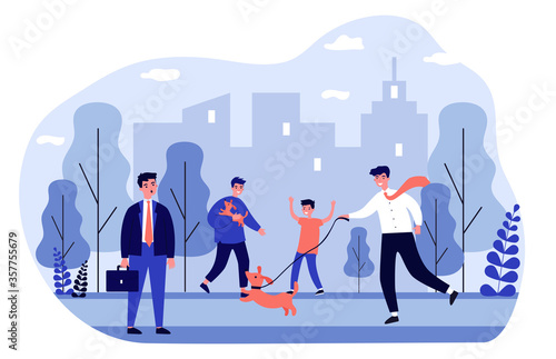 Positive people walking dogs in city park. Annoyed person, public place, leash flat vector illustration. Animal care, pets, outdoor activity concept for banner, website design or landing web page