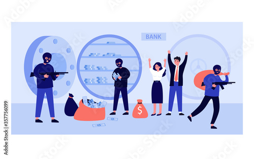 Gangsters and bank workers during robbery. Burglars with gun removing stacks of money from open safe to bags. Flat vector illustration for criminals, finance loss, security, crime concept