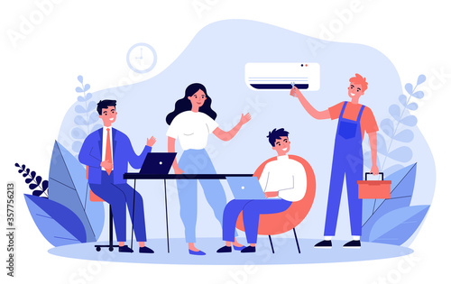 Technician visiting office for air conditioner repair. Office workers, overall, tool box flat vector illustration. Technical service, engineer concept for banner, website design or landing web page