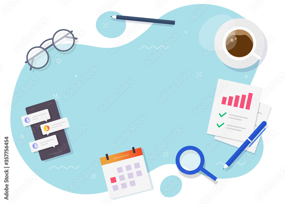 Business desk table workplace vector flat lay or learning and study working desktop concept for copy space text top view cartoon illustration, audit analysis, research stuff, financial workspace Business desk table workplace vector flat lay or learning and study working desktop concept for copy space text top view cartoon illustration, audit analysis, research stuff, financial workspace
