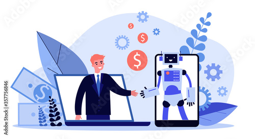 Man chatting with bot. Happy person and robot shaking hands, gadget screens, deal flat vector illustration. Communication, customer support concept for banner, website design or landing web page