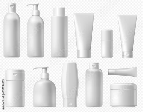 Obraz Cosmetic package. White shampoo bottle, cream tube and body lotion packaging template. Bathroom cosmetic platic pack mock up isolated on transparent background.