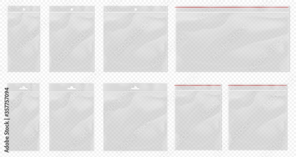 Plastic bag transparent. Clear pouch mockup isolated. Blank transparent bag set with bopp package and ziplock packaging pocket. Realistic empty polypropylene bags with euro suspension for retail Stock Vector | Adobe Stock