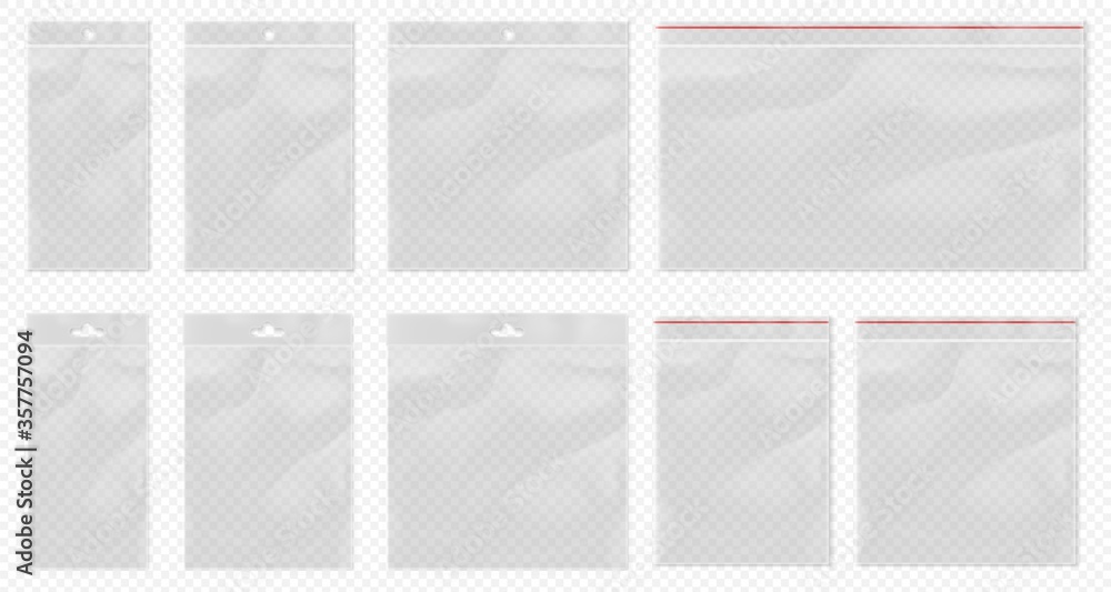 Plastic bag transparent. Clear pouch mockup isolated. Blank transparent bag  set with bopp package and ziplock packaging pocket. Realistic empty  polypropylene bags with euro suspension for retail Stock Vector | Adobe  Stock