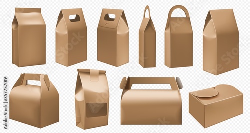 Craft food box. Cardboard lunch box and food pack on transparent background. Takeout fastfood container mockup set. Take away package template. Blank handle carton box for breakfast vector