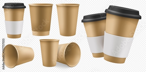 Craft cup paper. Blank brown coffee cup template with cardboard holder and plastic lid. Takeaway craft pack set for hot drink mockup isolated on transparent background. Disposable takeout cafe package