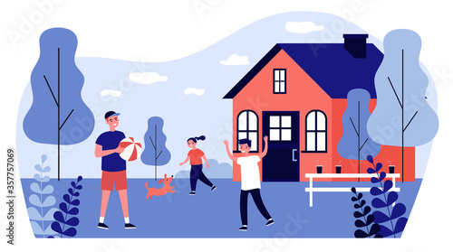 Dad spending leisure time with children. Kids, playing ball, dog, garden flat vector illustration. Home, outdoor activities, family concept for banner, website design or landing web page