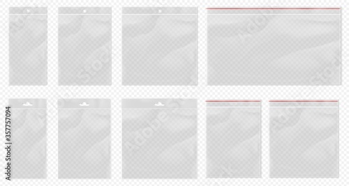 Plastic bag transparent. Clear pouch mockup isolated. Blank transparent bag set with bopp package and ziplock packaging pocket. Realistic empty polypropylene bags with euro suspension for retail
