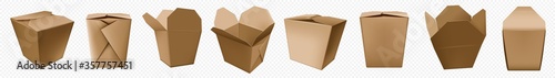 Take away food box. Chinese noodle container of craft paper. Brown cardboard bag template for asian food. Takeout fastfood pack mockup.