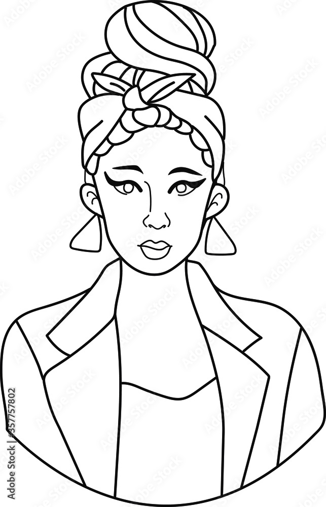 Line doodle portrait of a young beautiful girl with a bandage on her head and large jewelry. Woman head with cute hairstyle Line doodle portrait of a young beautiful girl with a bandage on her head and large jewelry. Woman head with cute hairstyle