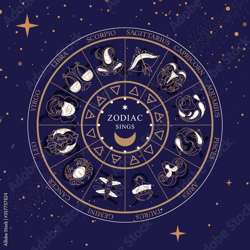 Modern magic witchcraft Astrology wheel with zodiac signs on space background. Horoscope vector illustration
