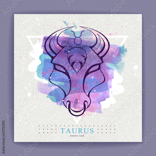 Modern magic witchcraft card with astrology Taurus zodiac sign on artistic watercolor background.  Bull head logo design