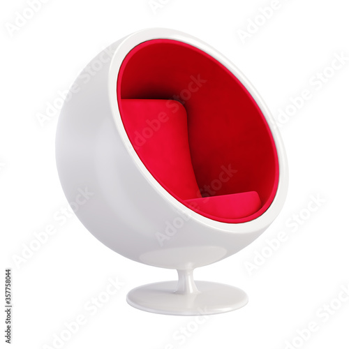 Ball Chair isolated on white background. Classic furniture model of White Ball chair with Red Velvet Seat. Perspective view of Egg chair for hi-tech interior. 3D render Illustration