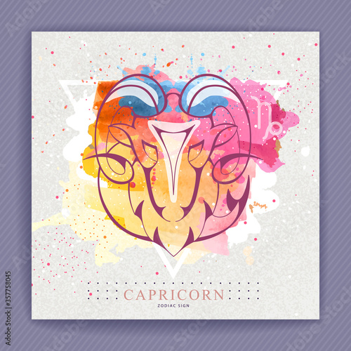 Modern magic witchcraft card with astrology Capricorn zodiac sign on artistic watercolor background. Capricorn logo design