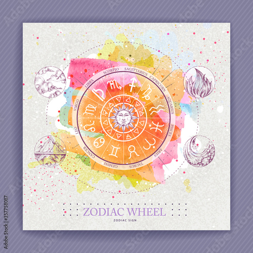Modern magic witchcraft Astrology wheel with zodiac signs on watercolor background. Horoscope vector illustration