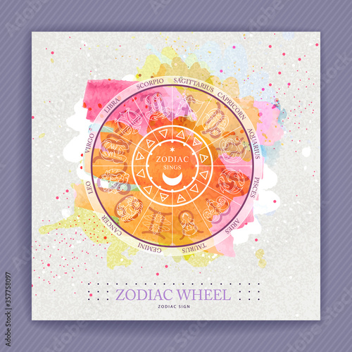 Modern magic witchcraft Astrology wheel with zodiac signs on watercolor background. Horoscope vector illustration