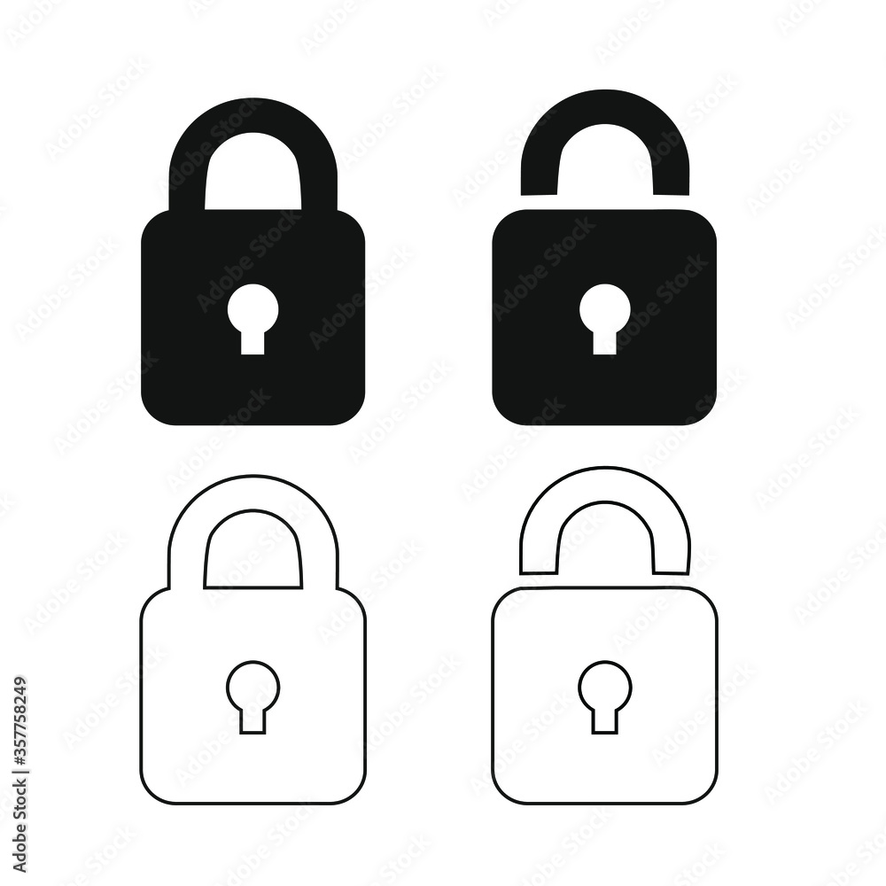 Lock icon, black isolated on white background, vector illustration. Lock icon, black isolated on white background, vector illustration.